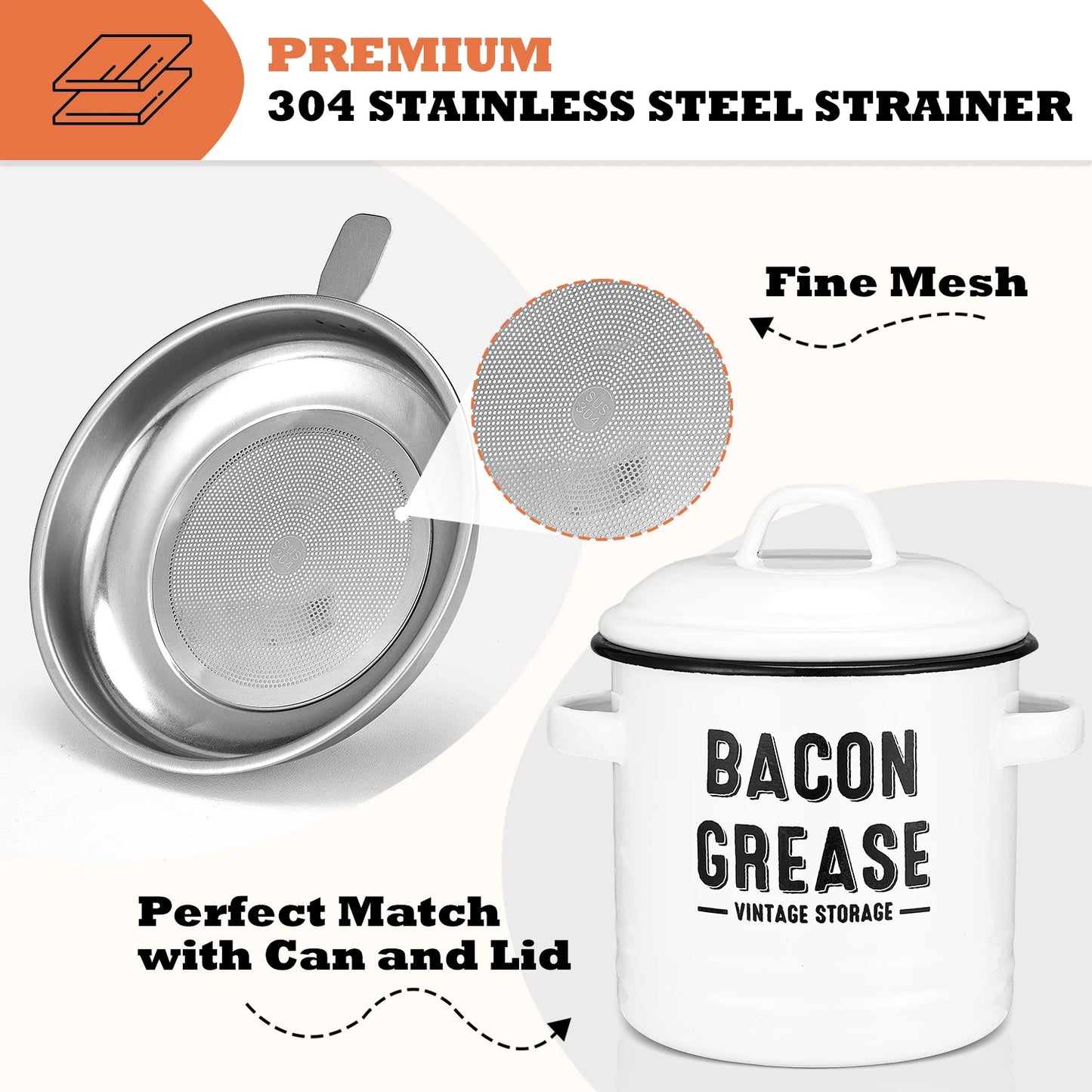 Bacon Grease Container with Strainer - Large 46OZ Red Kitchen Oil Storage Can, Food Saver Bin with Lid | Farmhouse Pot White