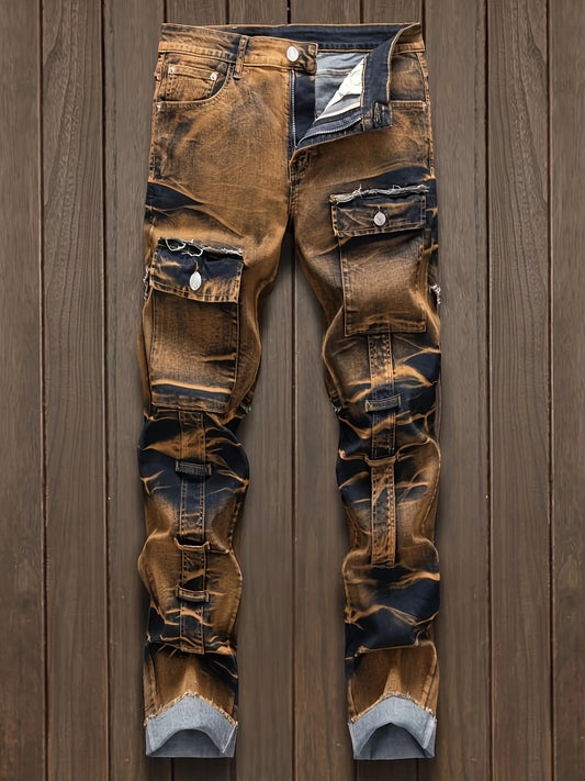Men's straight ripped jeans, fashionable camouflage printed jeans, street fashion