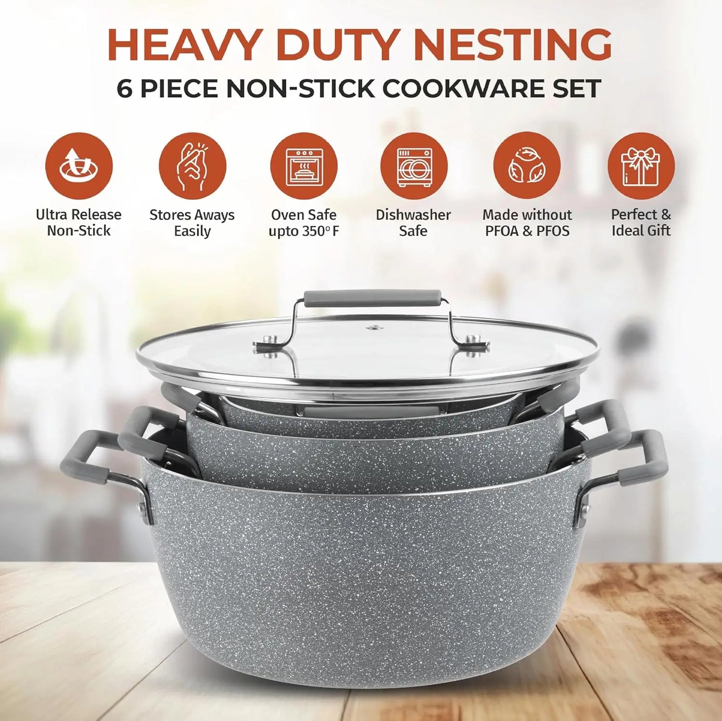 Nonstick Stackable Cooking Pots Set, 6-Piece Gray Granite Coating, Space-Saving Kitchen Cookware with Lids for Home Chefs