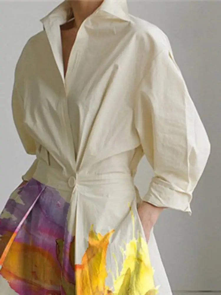 OSHOPLIVECN Floral Lapel Collar Pleated A Line Dress