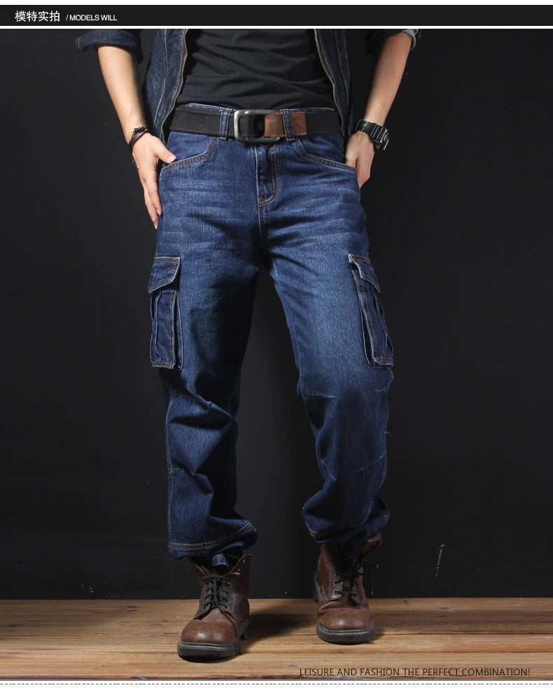 CN Zhejiang Mens Loose Fit Cargo Denim Jeans Pants Casual