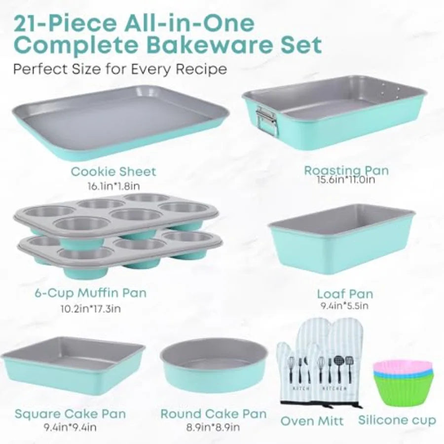 21-pieces Stackable Nonstick Bakeware Set PTFE/PFOA/PFOS Free Baking Pans Set with Silicone Cup Oven Mitt Complete Kitchen Baki