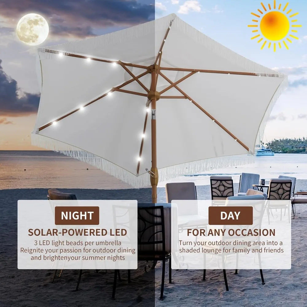 7.5 ft Fringe Patio Umbrella with Base, Stylish Tassel Umbrella with 18 LED Solar Lights for Outdoor Shade and Illumination,