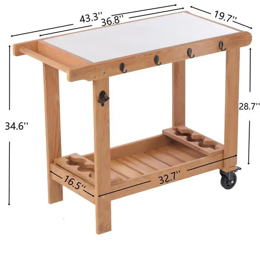 Outdoor Wooden Garden Cart Table with Wheels, Metal Top and Storage Hook, for Patio Backyard Garden