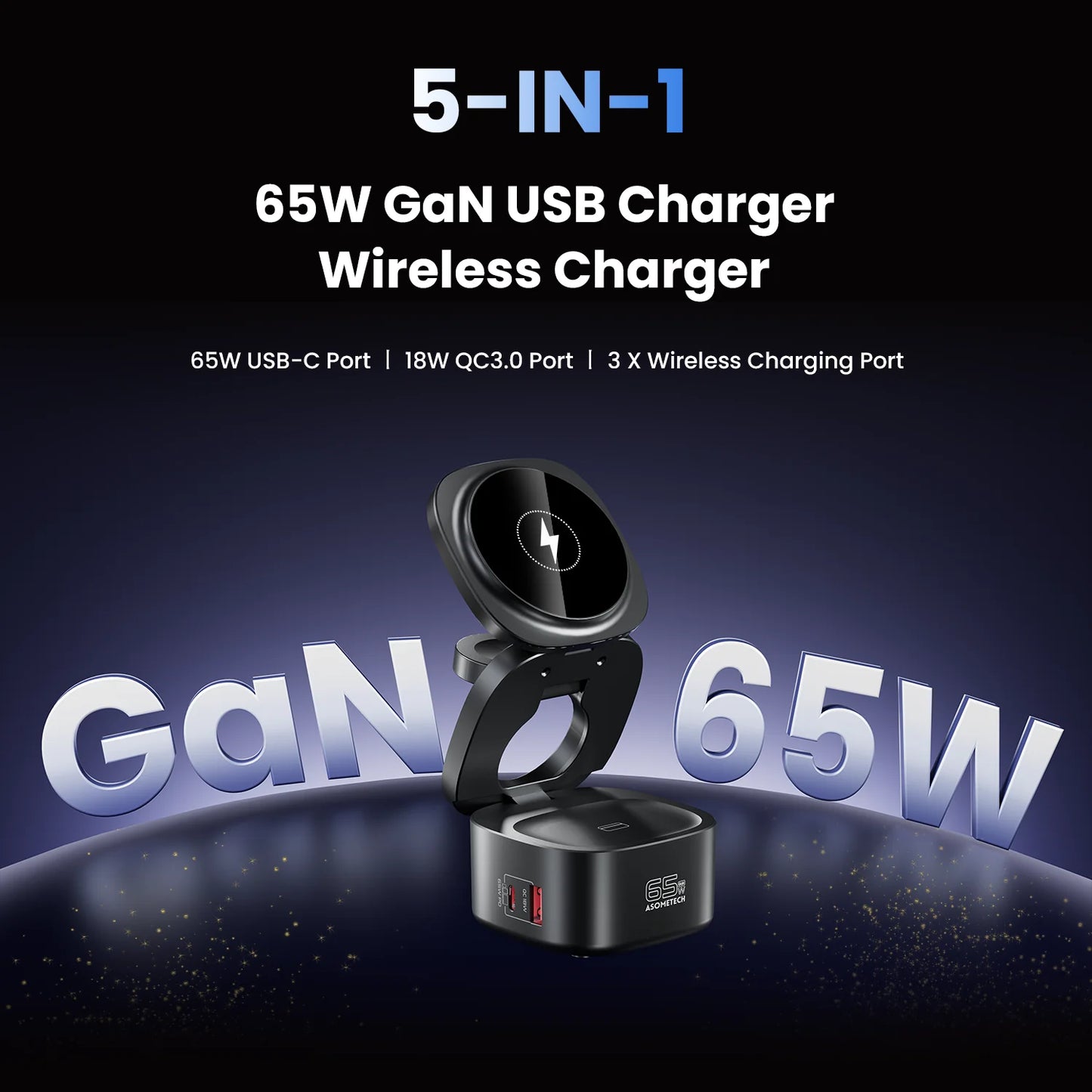 ASOMETECH 65W GaN Fast Charger 5 in 1 Foldable Station