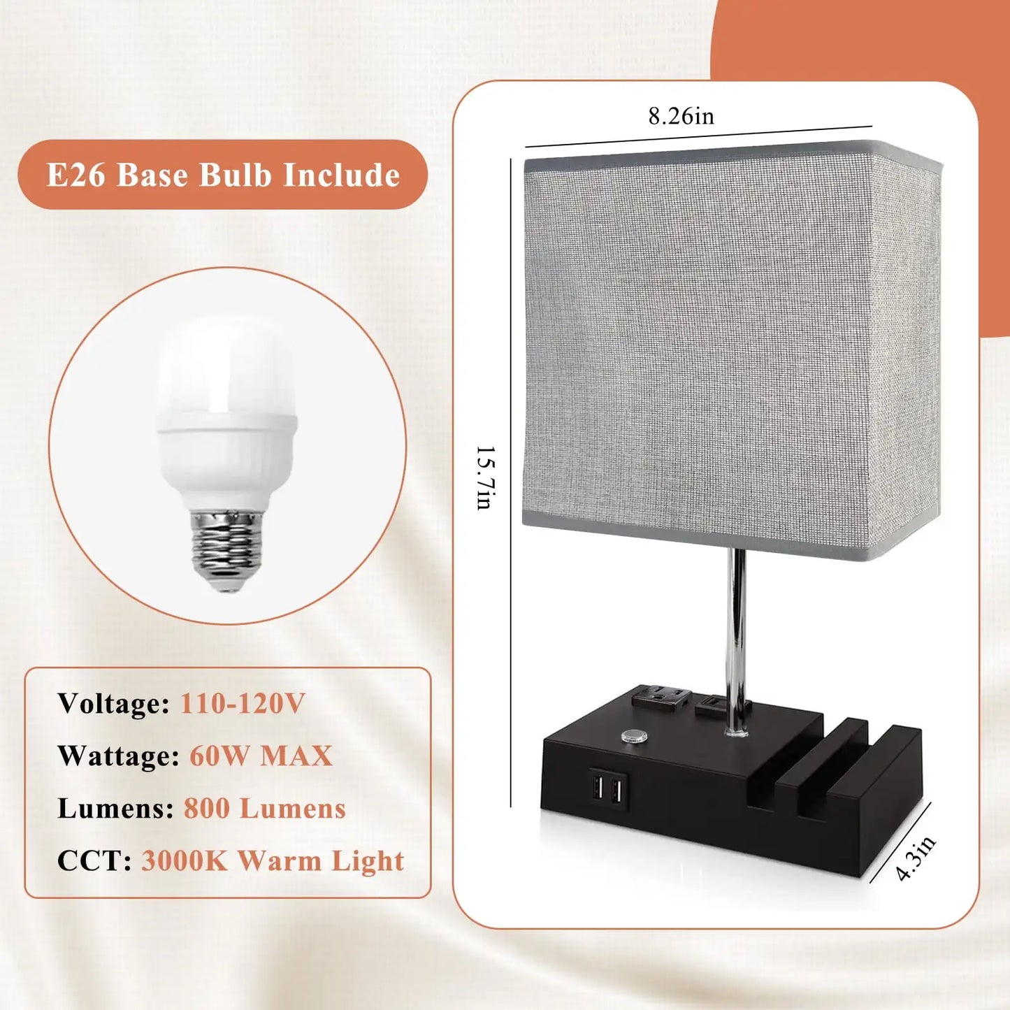 SZRSTH Bedside Table Lamp with Dual USB Charging Ports