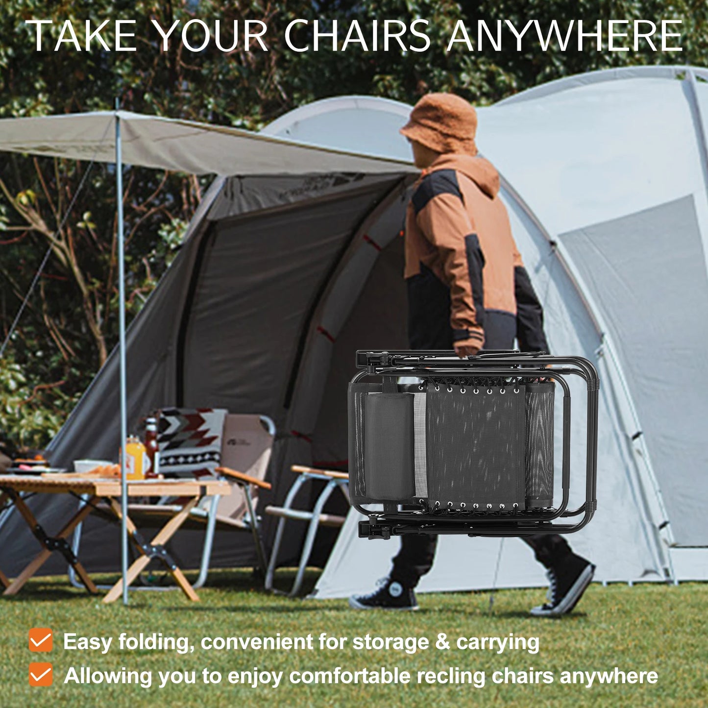 JHK Zero Gravity Portable Recliner Set With Cup Holder Trays