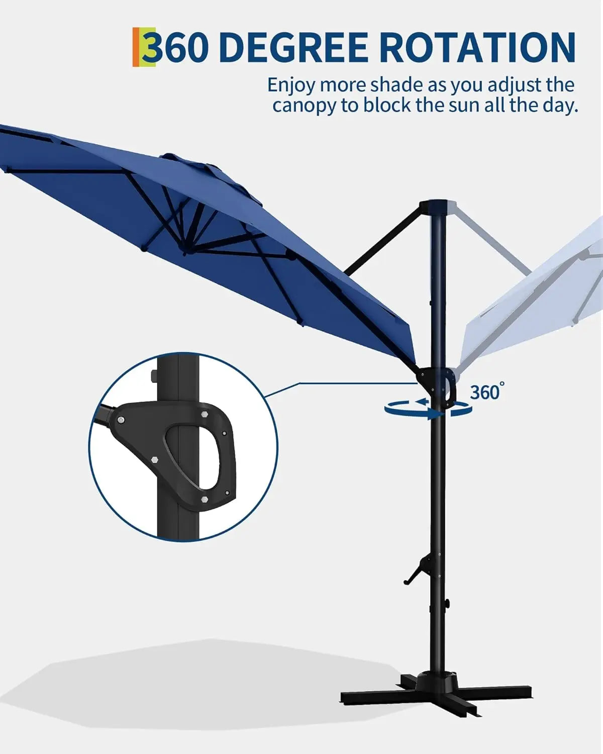10ft Patio Umbrella 360 Degree Rotation, Easy Tilt Adjustment, Aluminum Frame, Cantilever Hanging Market Umbrella for Deck Porch