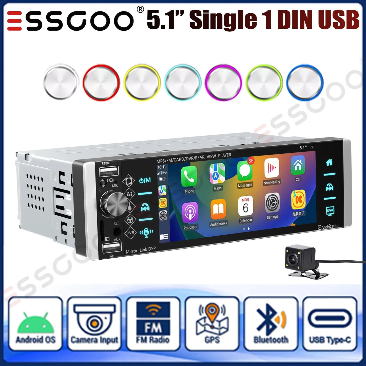 ESSGOO Car Stereo Single Din With Apple CarPlay Android Auto