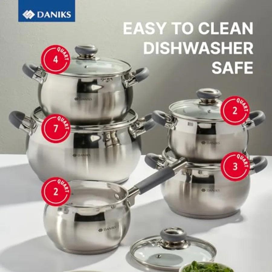 Modern 10-Piece Stainless Steel Cookware Set with Glass Lids Includes Saucepan Tri-Ply Bases for Even Heating Induction Compati