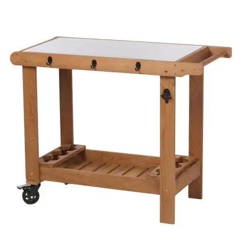 Outdoor Wooden Garden Cart Table with Wheels, Metal Top and Storage Hook, for Patio Backyard Garden