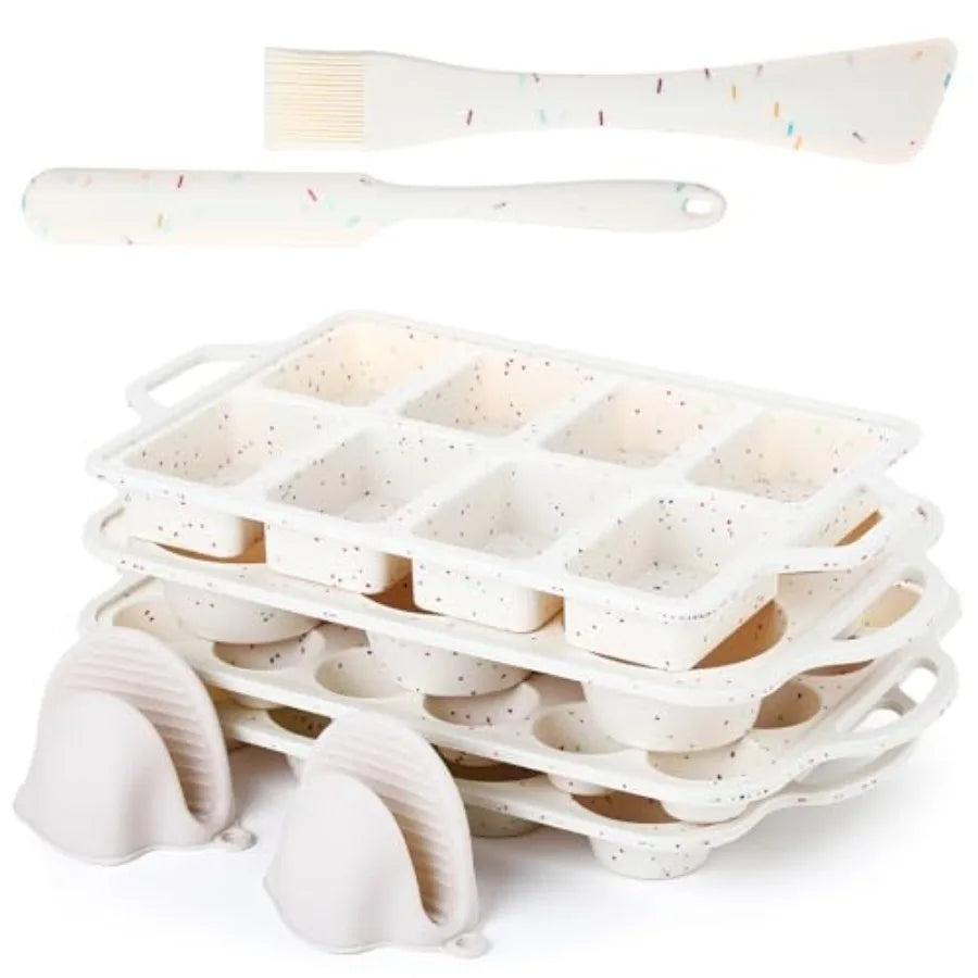 7 Pcs Silicone Baking Pan Set Nonstick Bakeware Set with 4 Molds Loaf Muffin Mini Muffin Round Spatula Dual-head Pastry Brush O