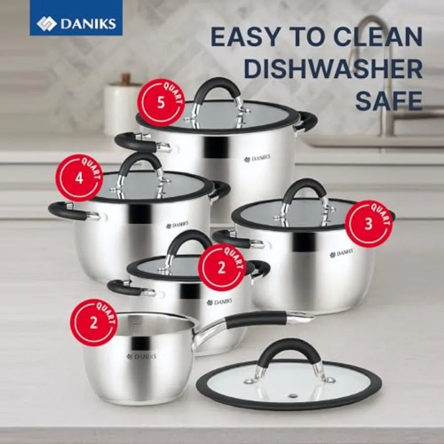 Orlando 10-Piece Stainless Steel Cookware Set with Glass Lids Includes Saucepan Tri-Ply Bases for Even Heating Induction Compat