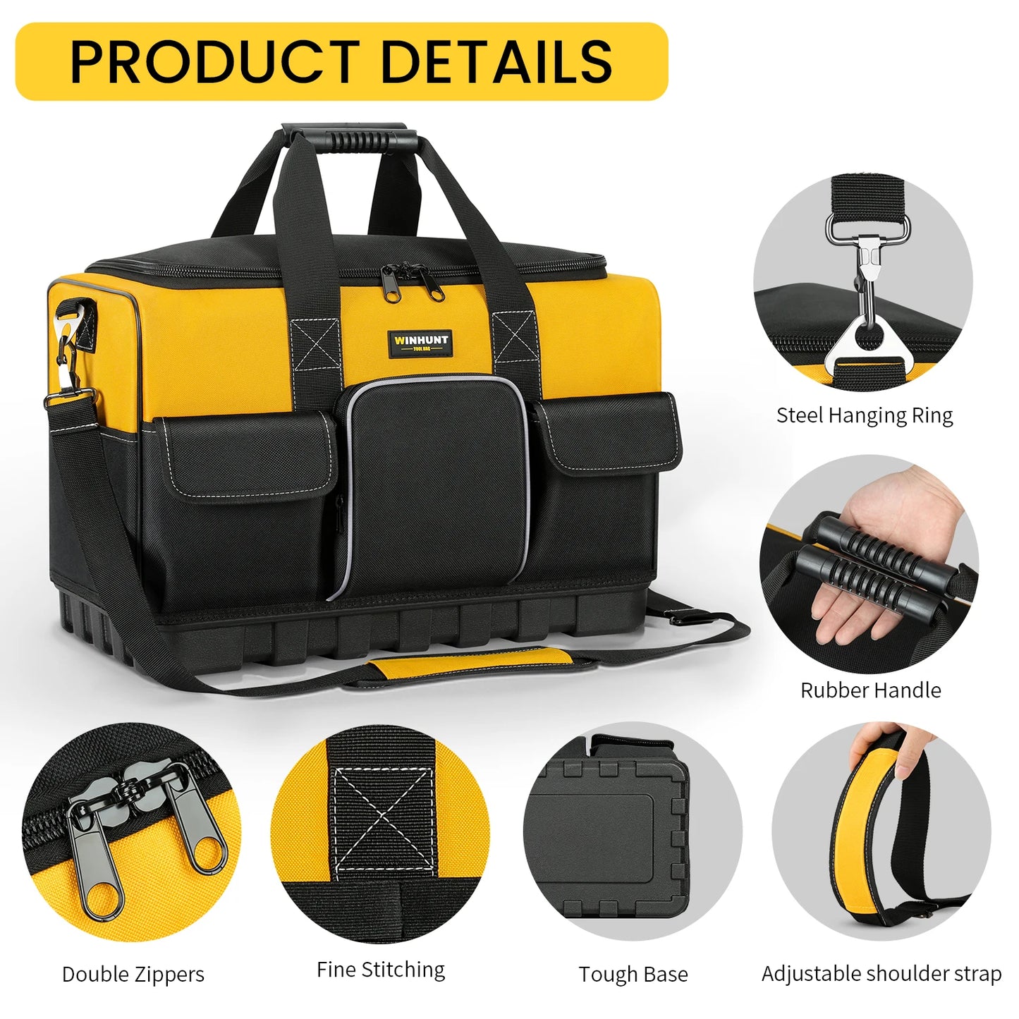 WINHUNT,Tool Bag, 20-inch Tool Organisers, 600 Denier Large Tool Bag for Home DIY & Equipment Storage, Yellow and Black