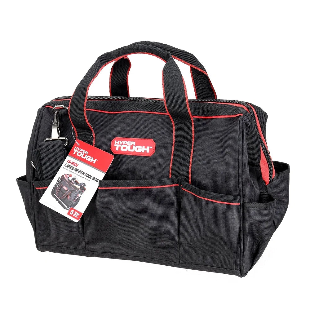 15 Inch Large Mouth Tool Bag with 8 Internal Pockets and 10 External Pockets Adjustable Shoulder Strap Home Garage Car Use