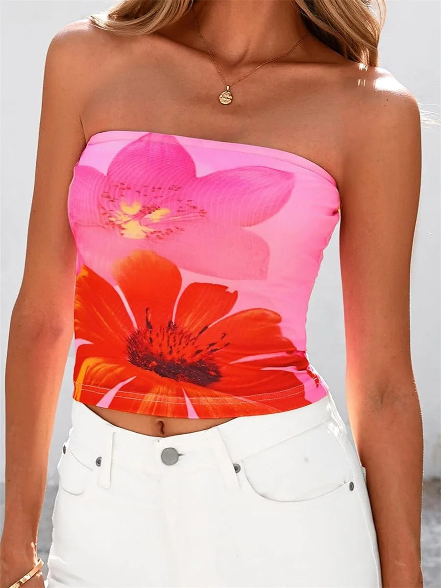 Goocheer Off Shoulder Ruffle Crop Top Floral Bandeau