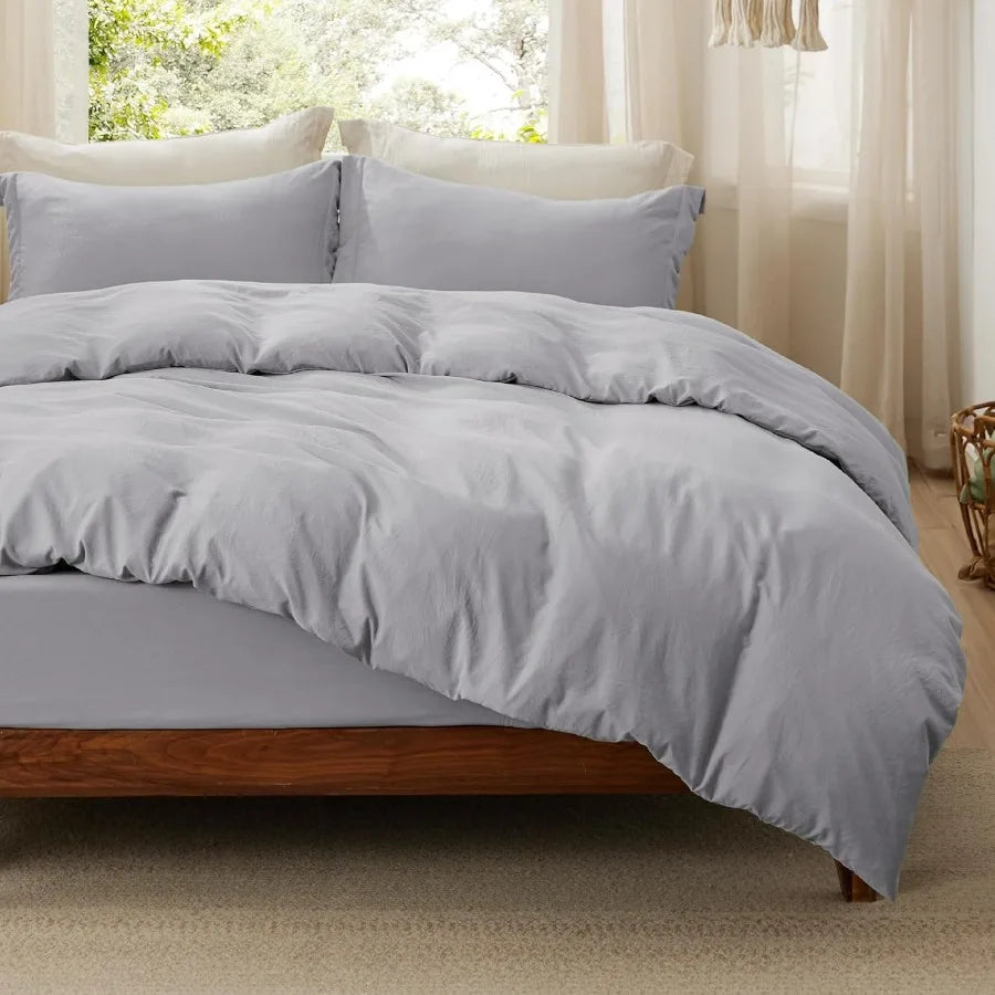 King Size Duvet Cover Set with Fitted Sheet - 4 Pieces Prewashed Cotton-Like Extra Soft Bedding in Light Grey Includes 1 Duvet