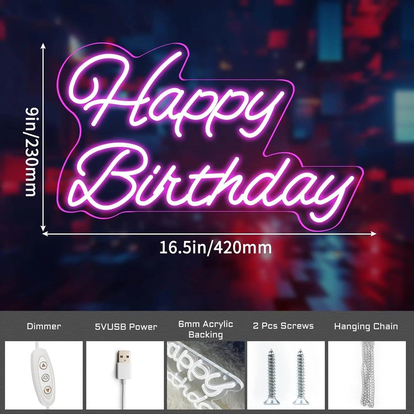 Happy Birthday LED Neon Sign Dimmable Party Backdrop Wall Decor
