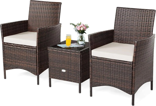 3-Piece Patio Conversation Set, Wicker Chairs with Glass Top Square  Furniture Set for Garden Backyard Balcony Poolside (White)