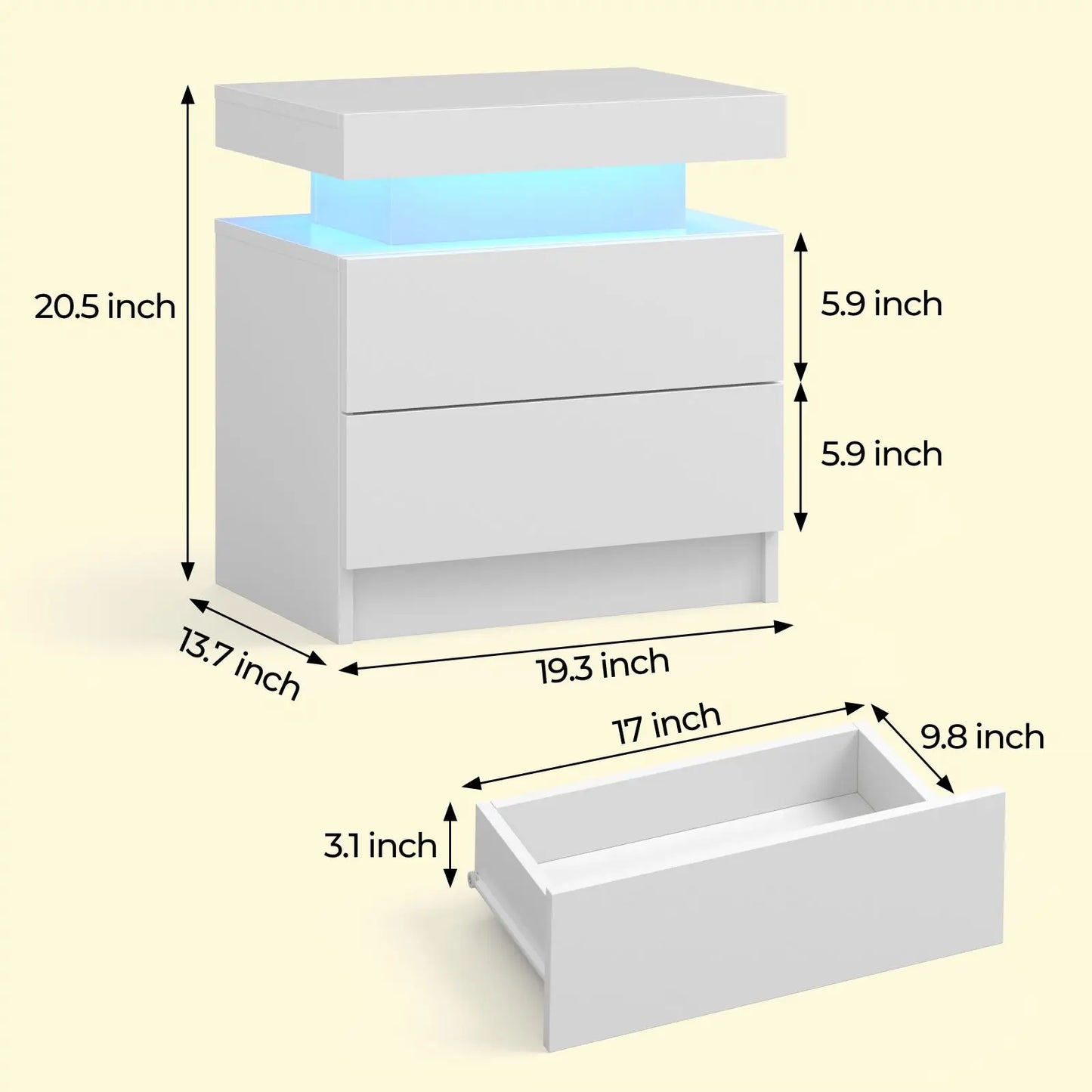 Cubehom LED Nightstands with 2 Drawers, End Table with RGB LED Lights for Bedroom Living Room, White Bedside Table