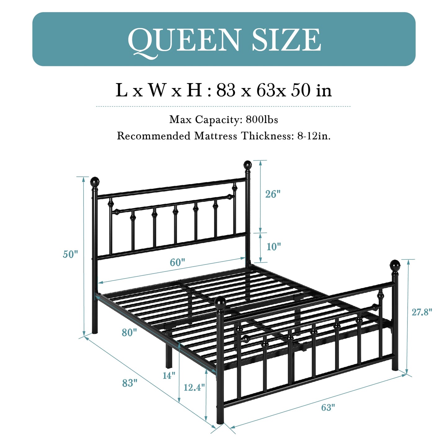 HOOMIC Metal Platform Bed Frame/Victorian Style Iron-Art Headboard and Footboard / 14 Inches Mattress Foundation Allewie