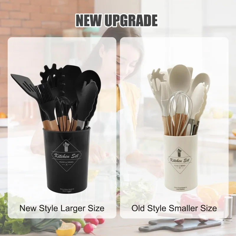 12 Piece Silicone Kitchen Utensils Set With Wood Handles