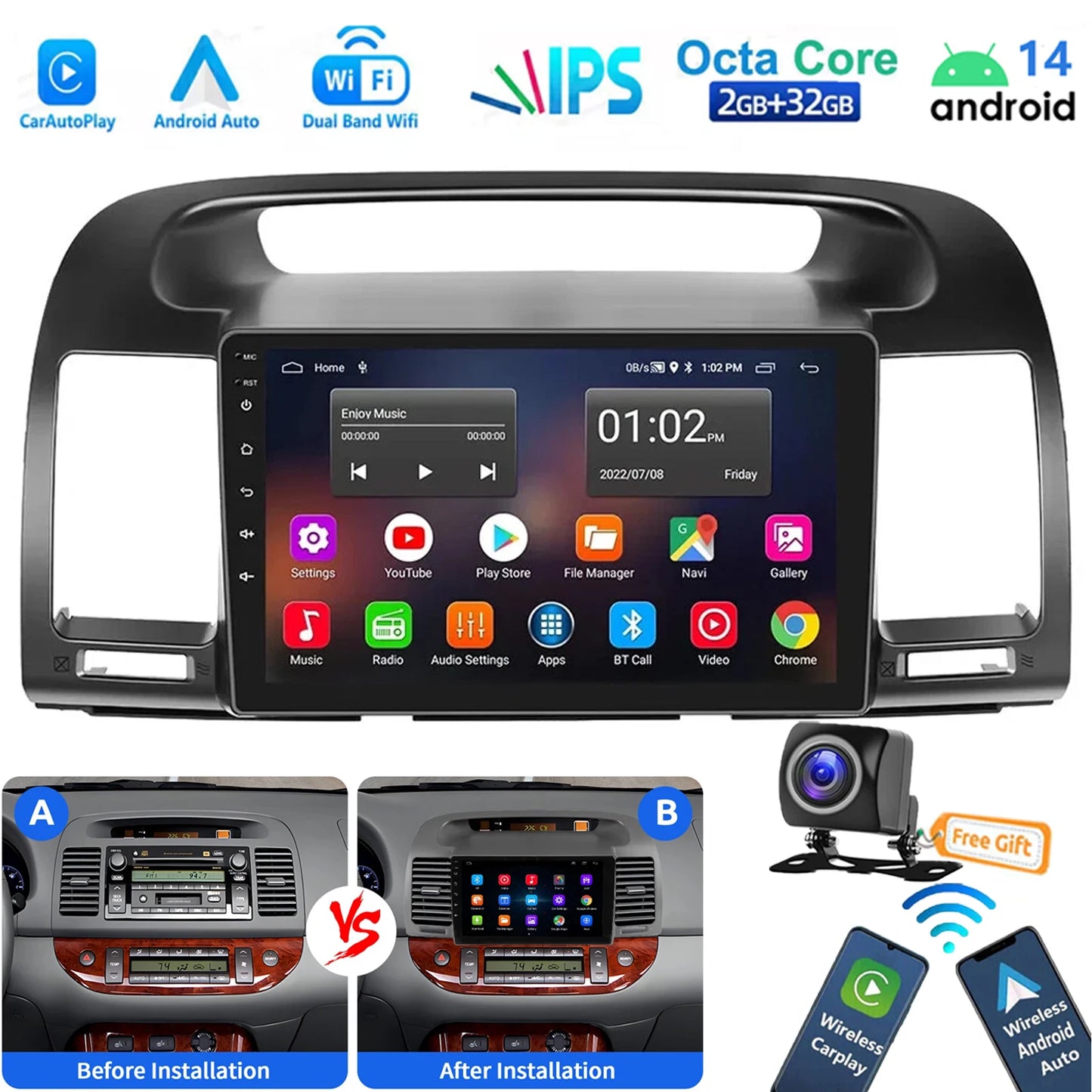 ESSGOO Car Stereo With CarPlay Android Auto GPS Navi