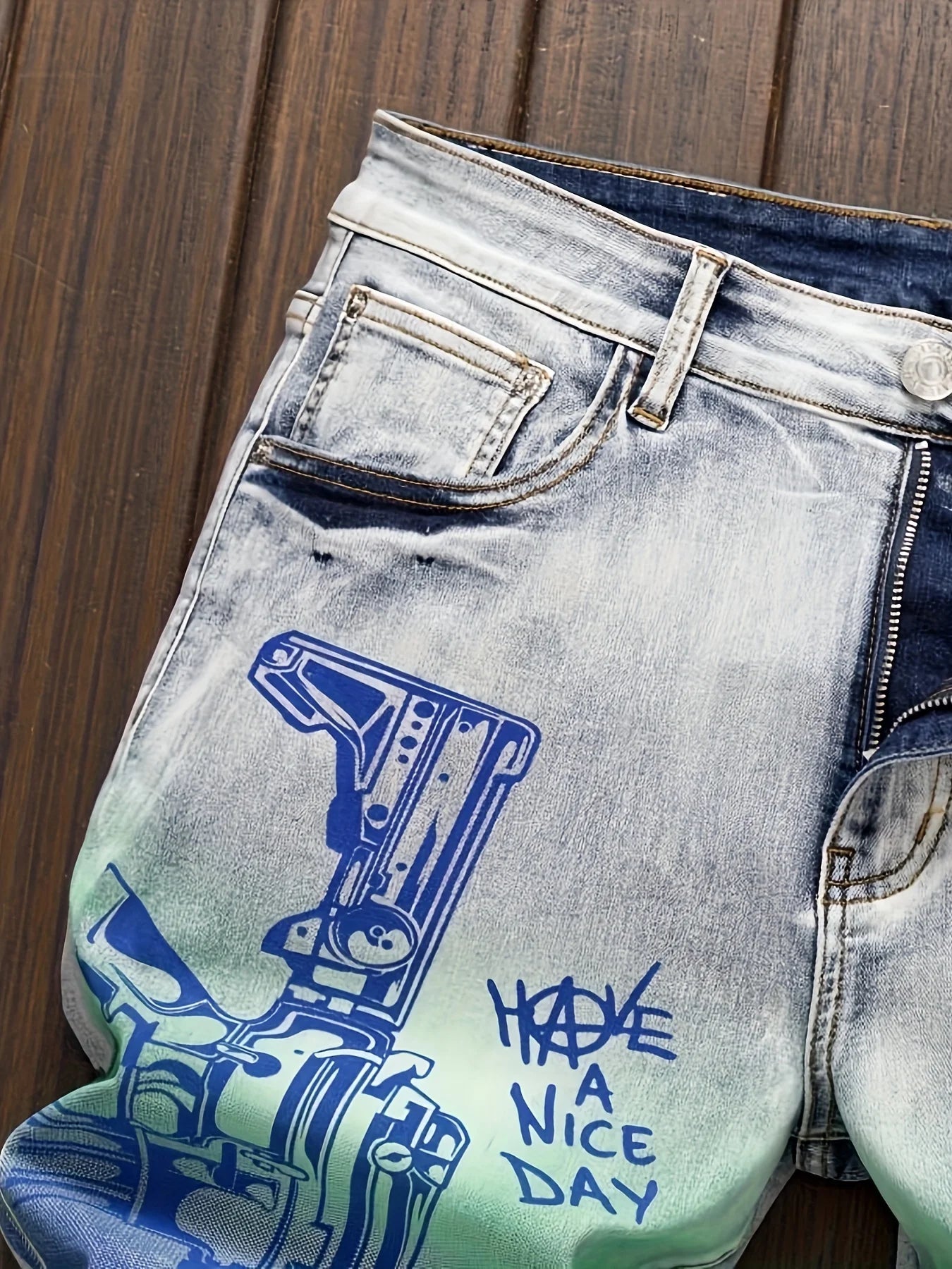 New European and American vintage Hawaiian style printed ripped jeans