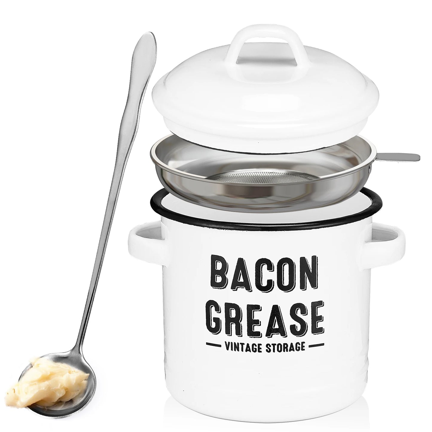 Bacon Grease Container with Strainer - Large 46OZ Red Kitchen Oil Storage Can, Food Saver Bin with Lid | Farmhouse Pot White