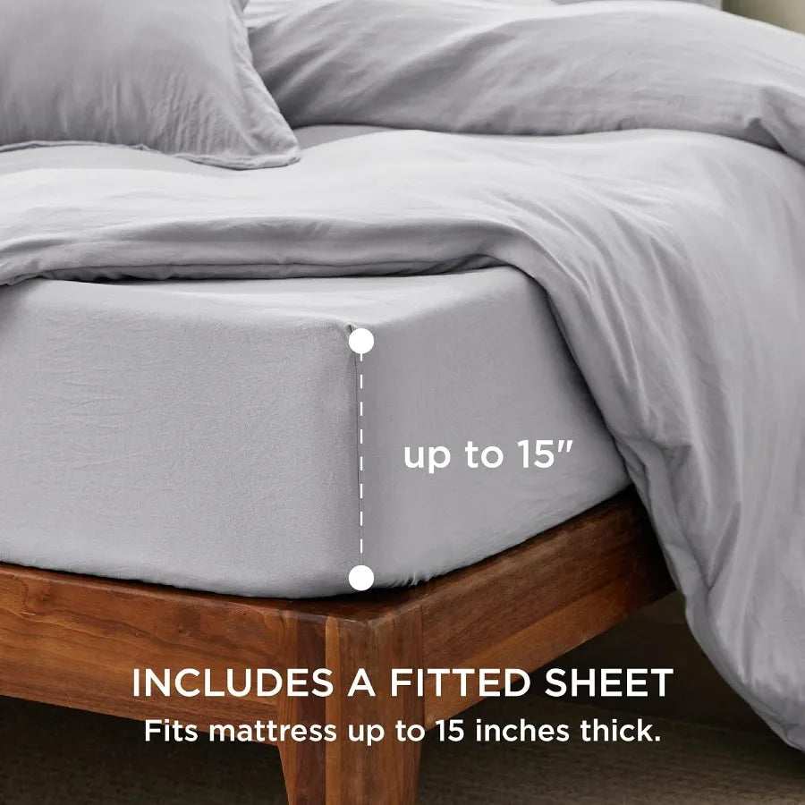 King Size Duvet Cover Set with Fitted Sheet - 4 Pieces Prewashed Cotton-Like Extra Soft Bedding in Light Grey Includes 1 Duvet