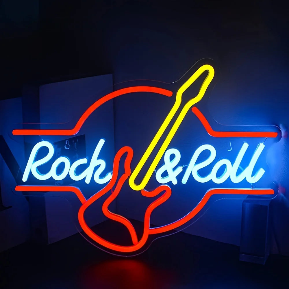 Guitar Rock Roll Neon Sign LED Wall Mount Display Bright