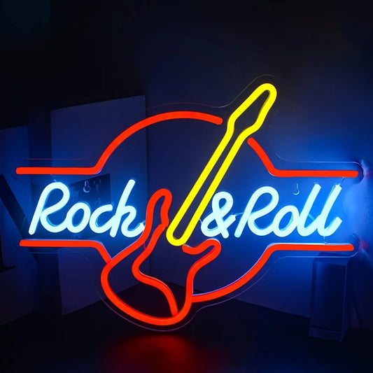 Guitar Rock Roll Neon Sign LED Wall Mount Display Bright