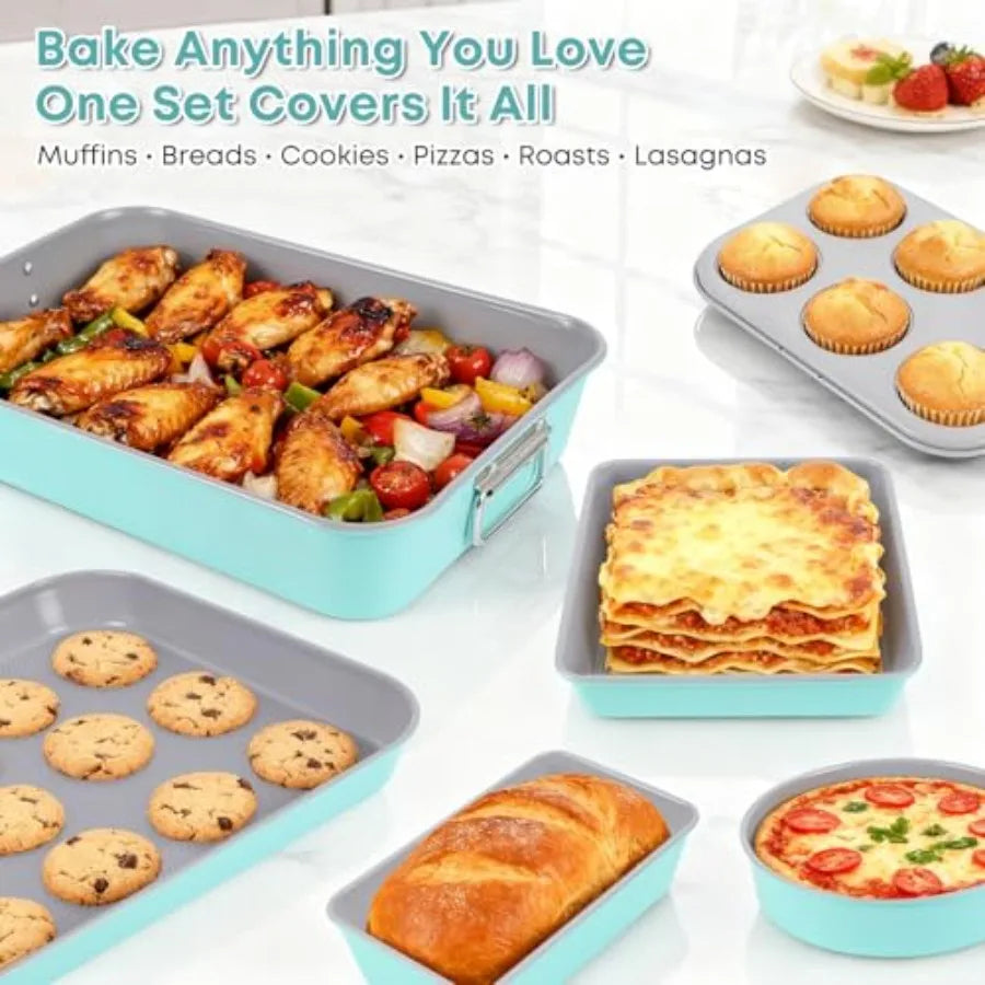 21-pieces Stackable Nonstick Bakeware Set PTFE/PFOA/PFOS Free Baking Pans Set with Silicone Cup Oven Mitt Complete Kitchen Baki