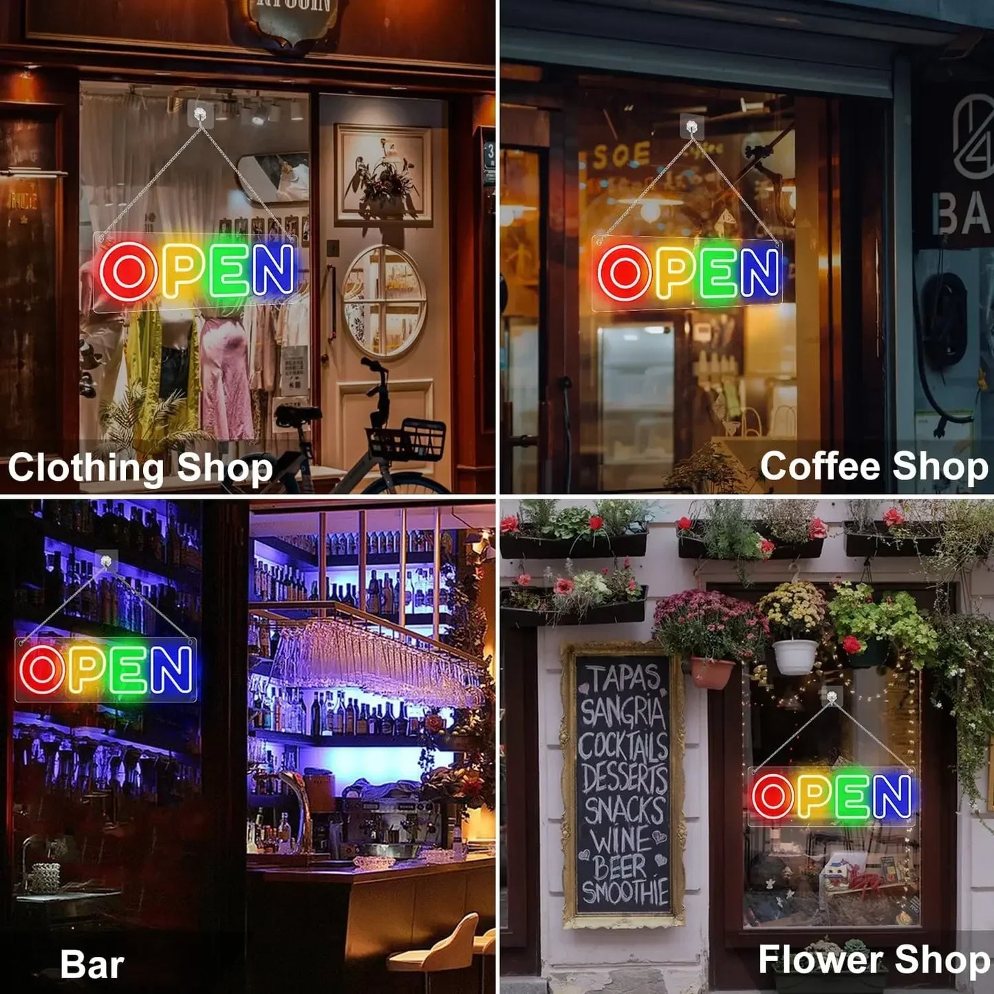 "OPEN" 4 Color LED Neon Sign Super Bright Commercial Window Glass Door Store Bar Restaurant Commercial Lighting USB Powered 16"