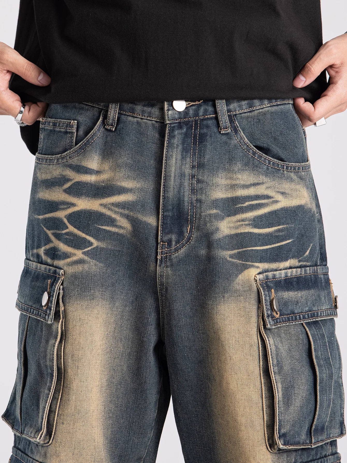 CN Zhejiang Mens Washed Cargo Baggy Jeans Denim Pants