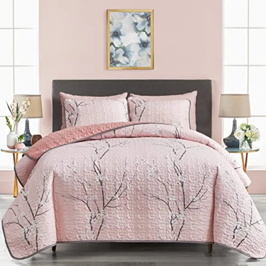 3 Pieces Reversible Quilt Set Queen Full Size 88x88 Soft Microfiber Lightweight Coverlet Bedspread Summer Comforter Set Bed Cov