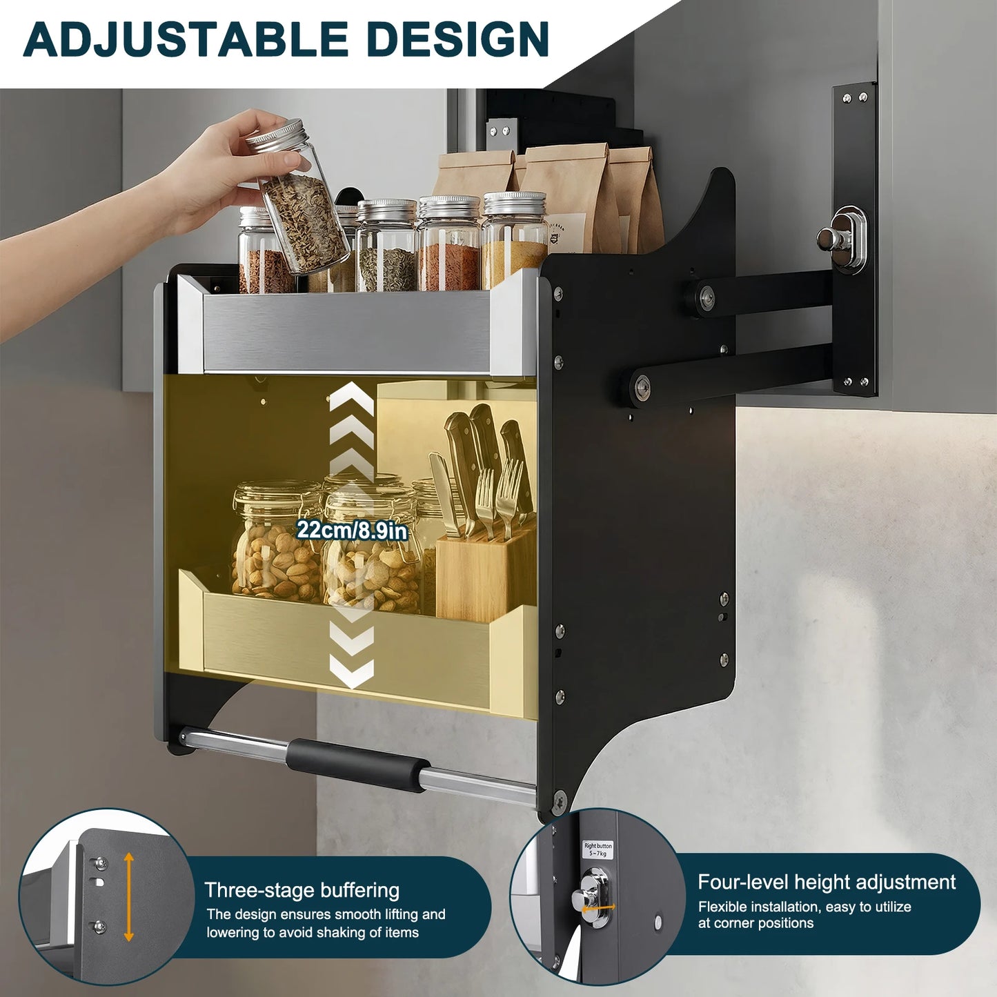 2 Tier Heavy Duty Spice Racks 22.2-22.4 Inch Width 11 Inch Depth 22 Inch Height for Kitchen Pots Pans & Pantry Storage