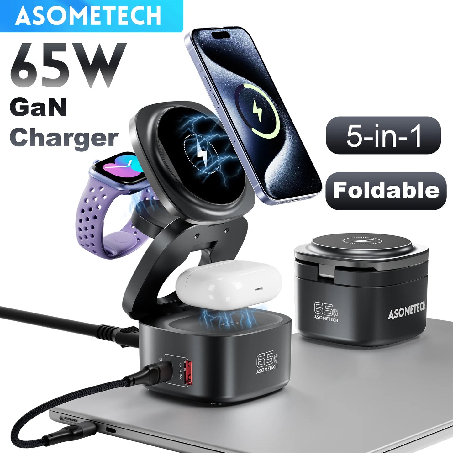 ASOMETECH 65W GaN Fast Charger 5 in 1 Foldable Station