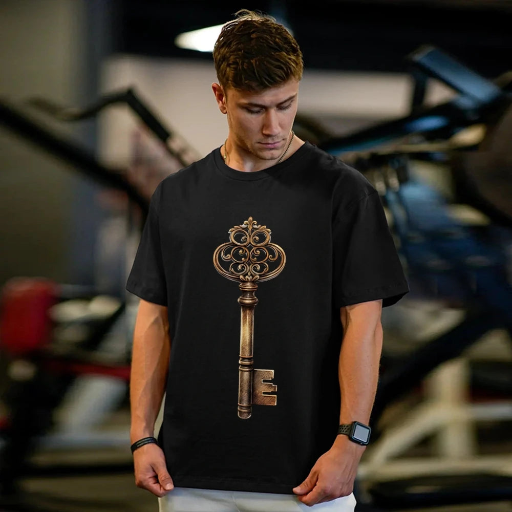 Mens Vintage Key Graphic Print Casual Tee Short Sleeve
